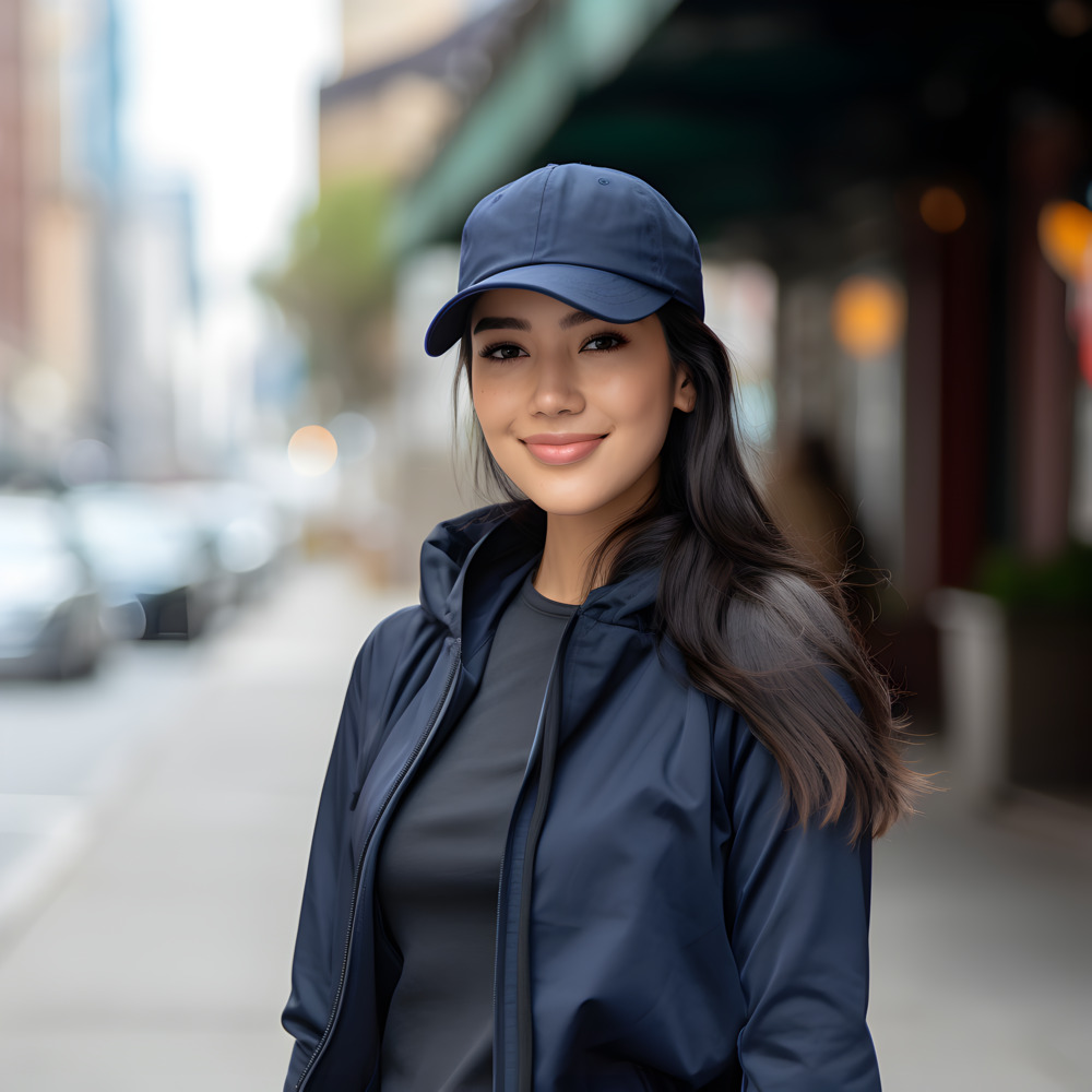 Person smiling on a city street wearing a baseball cap