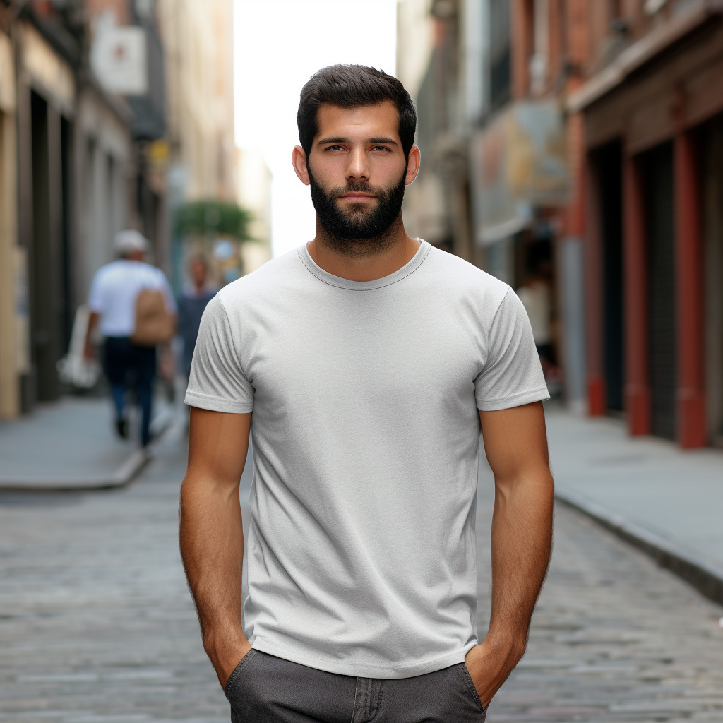 Person standing on a city street wearing a plain T-shirt